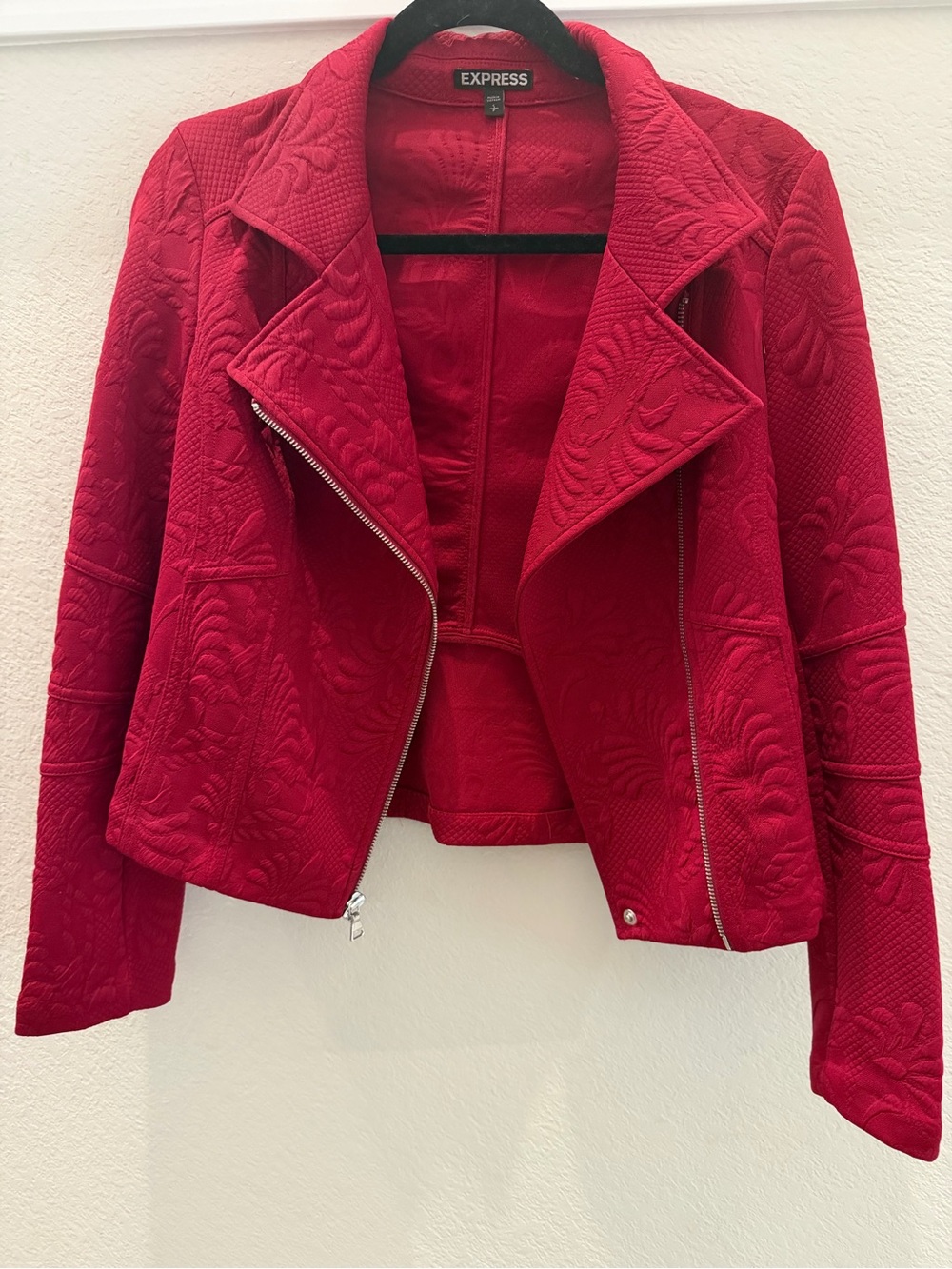 Express Red Quilted Moto Jacket with Embossed Floral Texture